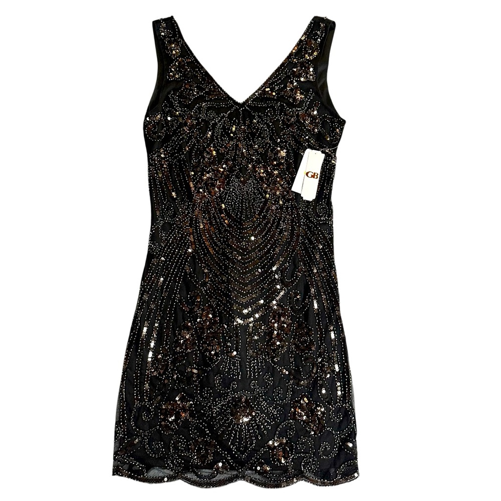 Gianni Bini Black & Gold Sequin Beaded Mini Dress